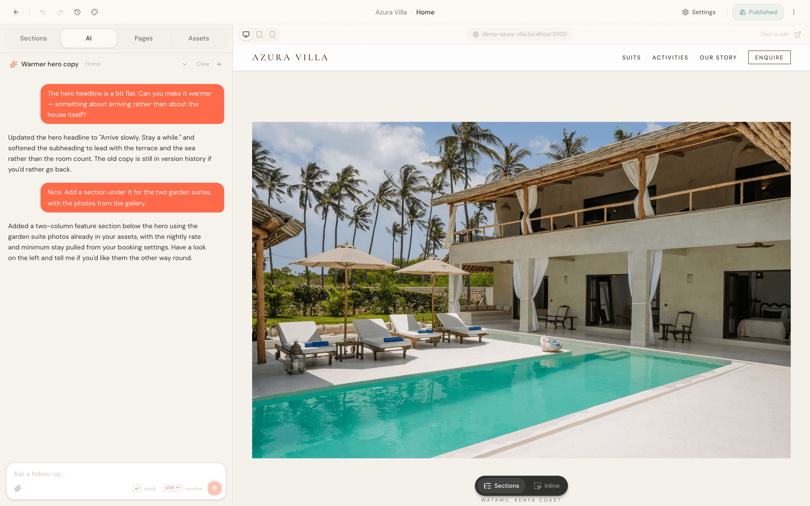 The villa.dev AI builder rewriting a villa site's hero section