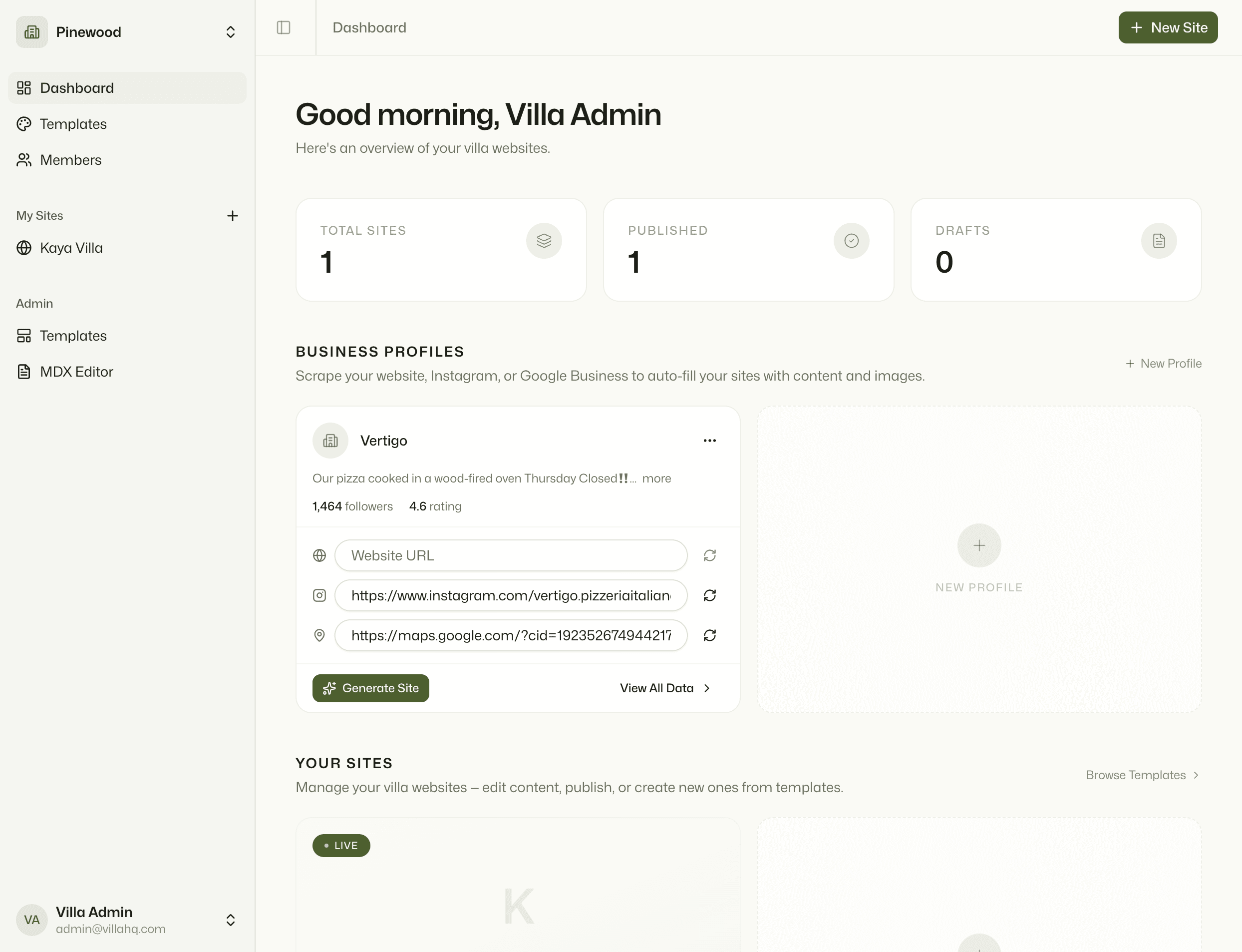 villa.dev dashboard