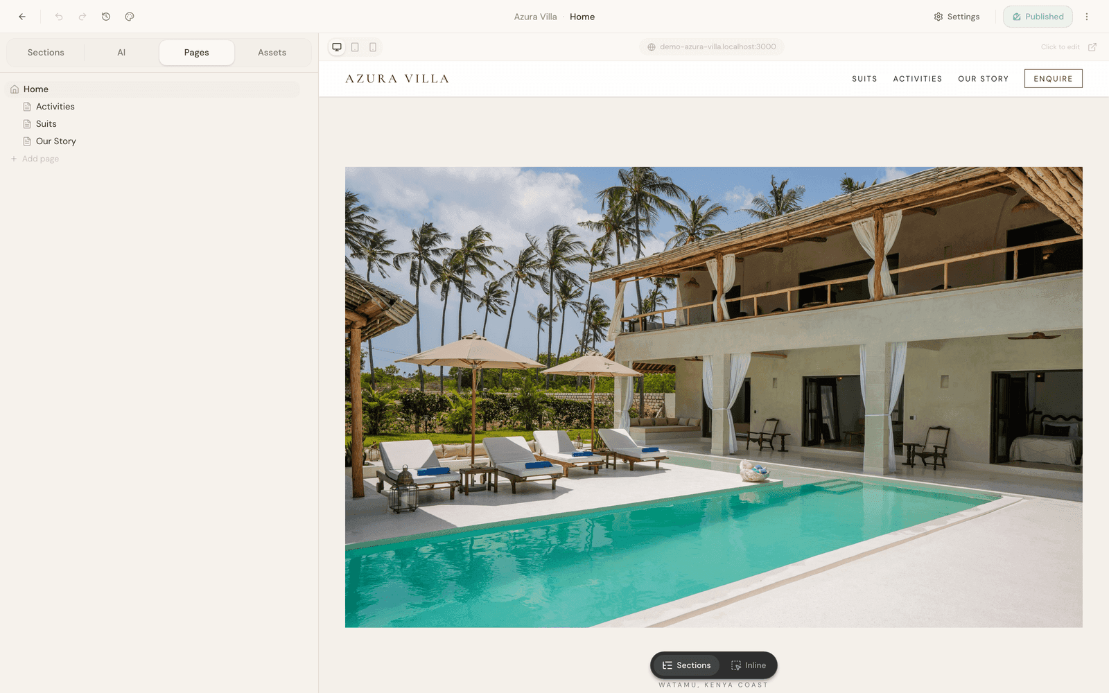 Editing a villa website in place in the villa.dev editor