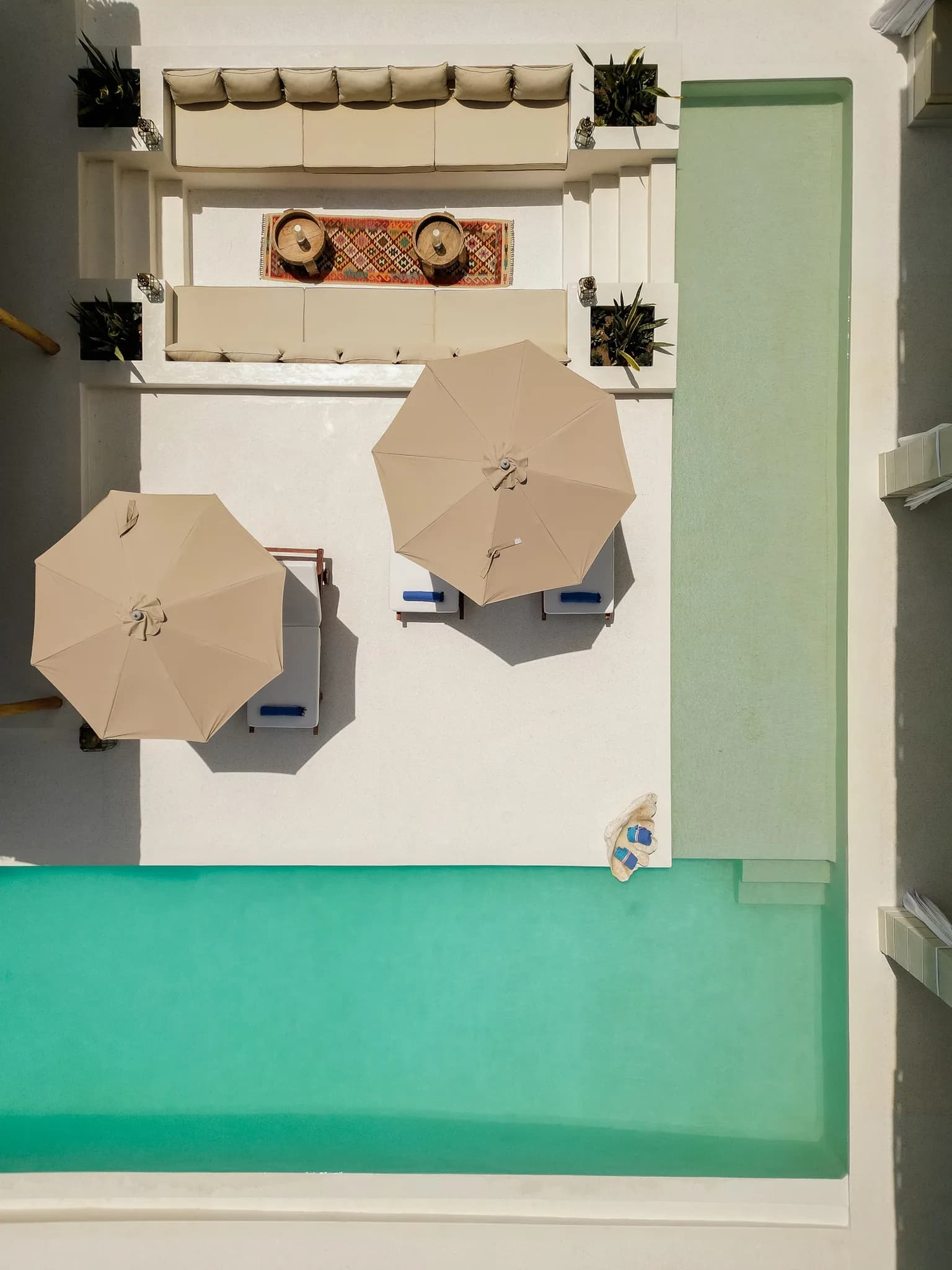 Cozy living room with mirror, beige sofa, and woven rug in tropical style